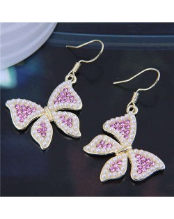 Shining Rhinestone and Mini Pearl Inlaid Butterfly Temperament Wholesale Hook Earrings - Pink
