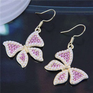 Shining Rhinestone and Mini Pearl Inlaid Butterfly Temperament Wholesale Hook Earrings - Pink