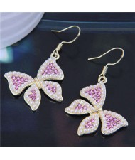 Shining Rhinestone and Mini Pearl Inlaid Butterfly Temperament Wholesale Hook Earrings - Pink