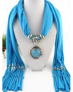 Vintage Round Man-made Gem Pendant Tassels Style Scarf Necklace - Blue