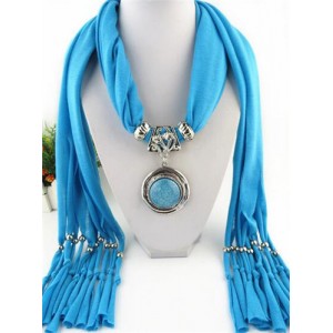 Vintage Round Man-made Gem Pendant Tassels Style Scarf Necklace - Blue