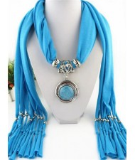 Vintage Round Man-made Gem Pendant Tassels Style Scarf Necklace - Blue