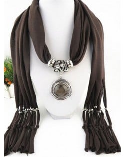 Vintage Round Man-made Gem Pendant Tassels Style Scarf Necklace - Brown