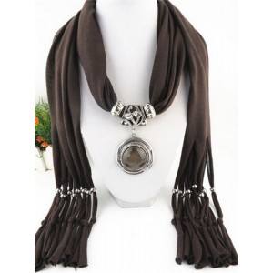 Vintage Round Man-made Gem Pendant Tassels Style Scarf Necklace - Brown