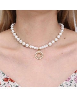 Fashion Jewelry Wholesale Golden Beads Decorated Hoop Pendant Elegant Pearl Necklace