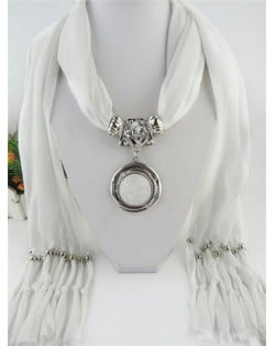 Vintage Round Man-made Gem Pendant Tassels Style Scarf Necklace - White