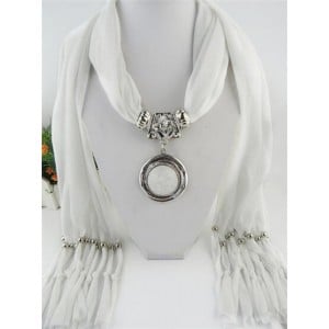 Vintage Round Man-made Gem Pendant Tassels Style Scarf Necklace - White