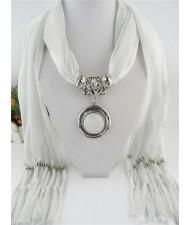 Vintage Round Man-made Gem Pendant Tassels Style Scarf Necklace - White