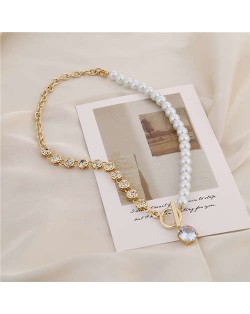 Alloy Chain and Pearl Combo Wholesale Jewelry Shining Rhinestone Pendant Bling Necklace - Golden