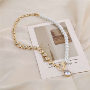 Alloy Chain and Pearl Combo Wholesale Jewelry Shining Rhinestone Pendant Bling Necklace - Golden