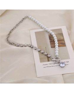 Alloy Chain and Pearl Combo Wholesale Jewelry Shining Rhinestone Pendant Bling Necklace - Silver