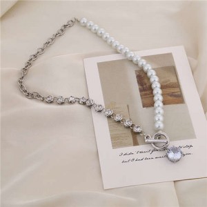Alloy Chain and Pearl Combo Wholesale Jewelry Shining Rhinestone Pendant Bling Necklace - Silver