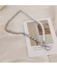 Alloy Chain and Pearl Combo Wholesale Jewelry Shining Rhinestone Pendant Bling Necklace - Silver