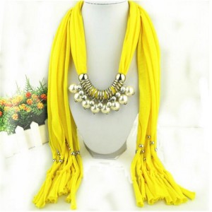 Elegant Artificial Pearls Tassels Fashion Scarf Necklace - Yellow
