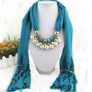 Elegant Artificial Pearls Tassels Fashion Scarf Necklace - Turquoise