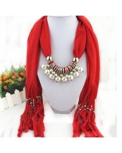 Elegant Artificial Pearls Tassels Fashion Scarf Necklace - Red