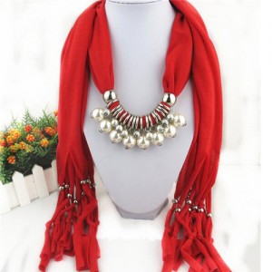 Elegant Artificial Pearls Tassels Fashion Scarf Necklace - Red