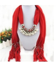Elegant Artificial Pearls Tassels Fashion Scarf Necklace - Red