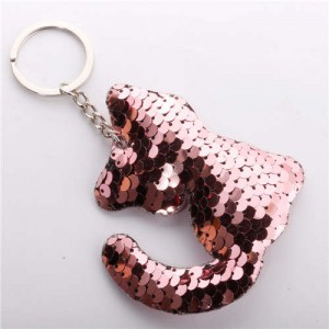 Unique Design Shining Sequins Cute Cat Modeling Wholesale Key Ring - Pink