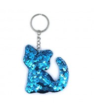Unique Design Shining Sequins Cute Cat Modeling Wholesale Key Ring - Blue