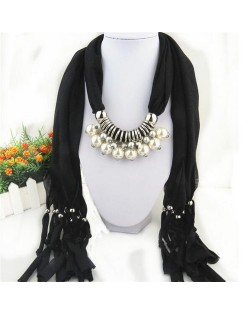 Elegant Artificial Pearls Tassels Fashion Scarf Necklace - Black