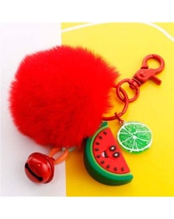 Popular Fruit Series Bells and Fluffy Ball Multi-element Combo Key Chain - Watermelon