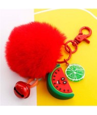 Popular Fruit Series Bells and Fluffy Ball Multi-element Combo Key Chain - Watermelon