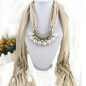 Elegant Artificial Pearls Tassels Fashion Scarf Necklace - Beige