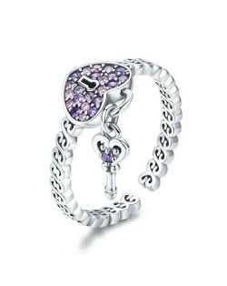 Wholesale 925 Sterling Silver Jewelry Amethyst Cubic Zirconia Heart Shape Lock and Key Pendant Ring