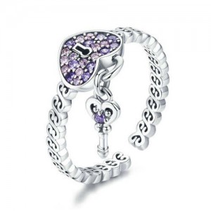 Wholesale 925 Sterling Silver Jewelry Amethyst Cubic Zirconia Heart Shape Lock and Key Pendant Ring