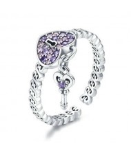 Wholesale 925 Sterling Silver Jewelry Amethyst Cubic Zirconia Heart Shape Lock and Key Pendant Ring