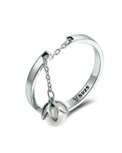 Unique Design Pearl Chain Pendant Open-end Wholesale 925 Sterling Silver Women Ring