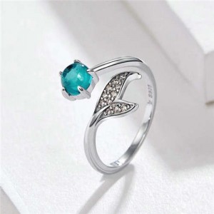 Romantic Mermaid Tail with Blue Gem Open-end Wholesale 925 Sterling Silver Women Ring