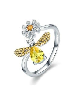 Shining Cubic Zirconia Embeded Yellow Bee with Flower Wholesale 925 Sterling Silver Ring