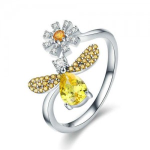 Shining Cubic Zirconia Embeded Yellow Bee with Flower Wholesale 925 Sterling Silver Ring