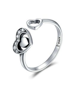 Hollow-out Twin Hearts Design Vintage Color Wholesale 925 Sterling Silver Open-end Women Ring