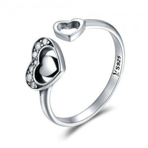 Hollow-out Twin Hearts Design Vintage Color Wholesale 925 Sterling Silver Open-end Women Ring