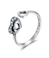 Hollow-out Twin Hearts Design Vintage Color Wholesale 925 Sterling Silver Open-end Women Ring