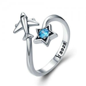 Sapphire Insearted Five-pointed Star and Airplane Combo Open-end Wholesale 925 Sterling Silver Ring