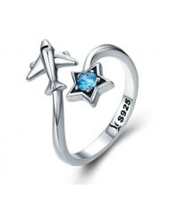 Sapphire Insearted Five-pointed Star and Airplane Combo Open-end Wholesale 925 Sterling Silver Ring