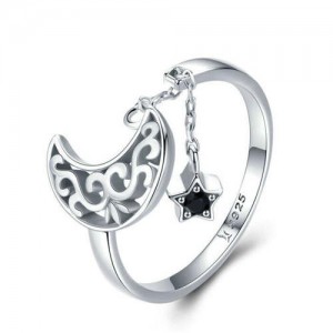 Hollow-out Moon and Star Pendant Wholesale 925 Sterling Silver Open-end Ring