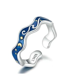 Elegant Oil-spot Glazed Blue Starry Sky Wave Shape Wholesale 925 Sterling Silver Ring