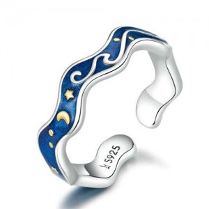Elegant Oil-spot Glazed Blue Starry Sky Wave Shape Wholesale 925 Sterling Silver Ring