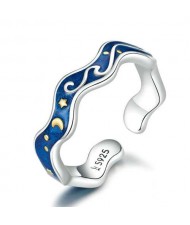 Elegant Oil-spot Glazed Blue Starry Sky Wave Shape Wholesale 925 Sterling Silver Ring