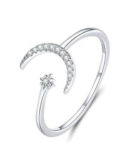 Moon and Star Design Wholesale 925 Sterling Silver Open-end Women Ring