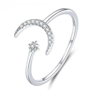 Moon and Star Design Wholesale 925 Sterling Silver Open-end Women Ring