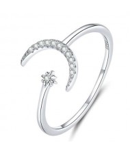 Moon and Star Design Wholesale 925 Sterling Silver Open-end Women Ring