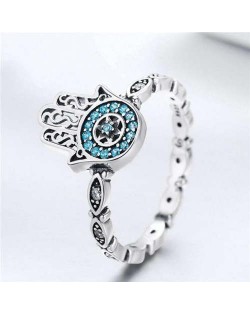 Blue Cubic Zirconia Inserted Hand of Fatima Wholesale 925 Sterling Silver Women Ring