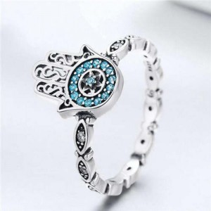 Blue Cubic Zirconia Inserted Hand of Fatima Wholesale 925 Sterling Silver Women Ring