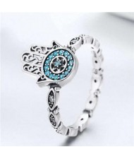 Blue Cubic Zirconia Inserted Hand of Fatima Wholesale 925 Sterling Silver Women Ring